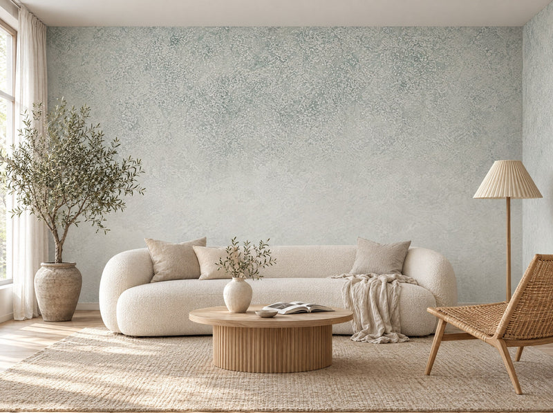 Papier peint brume gris bleu posé dans un salon