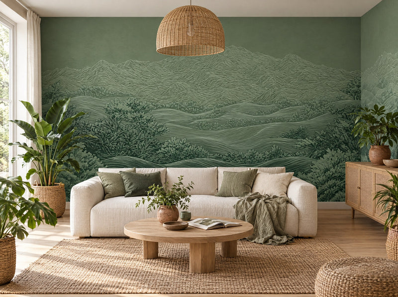 Papier peint brume vert forêt posé dans un salon