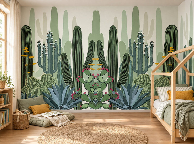 Papier peint cactus et fleurs du désert posé dans une chambre d'enfant
