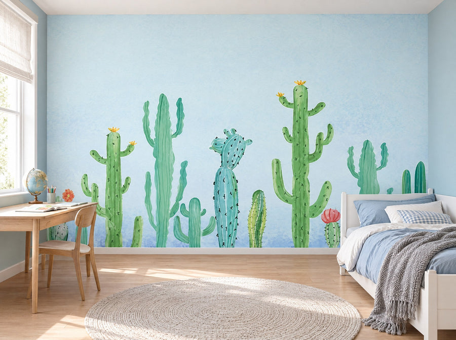 Papier peint cactus sous le ciel bleu posé dans une chambre d'enfant