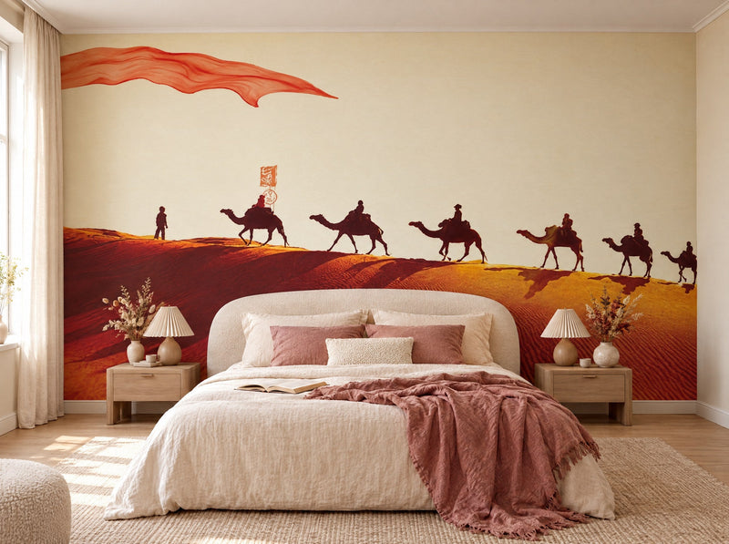 Papier peint caravane orangée posé dans une chambre