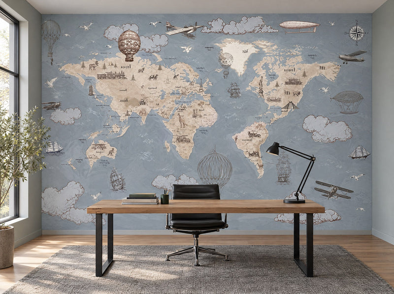 Papier peint carte du monde ardoise posé dans un bureau