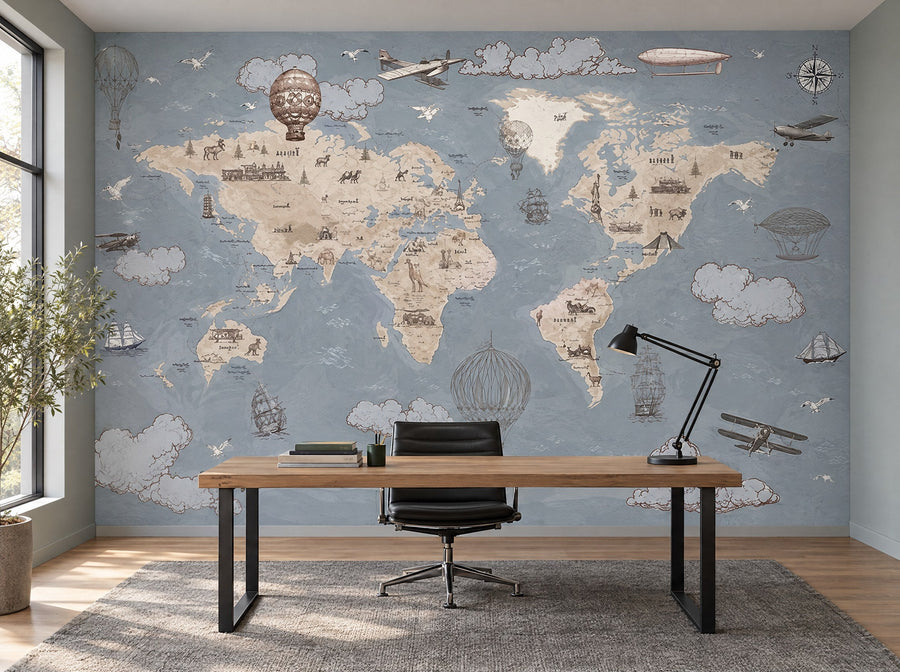 Papier peint carte du monde ardoise posé dans un bureau