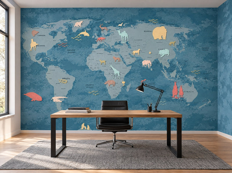 Papier peint carte du monde bleu jean posé dans un bureau