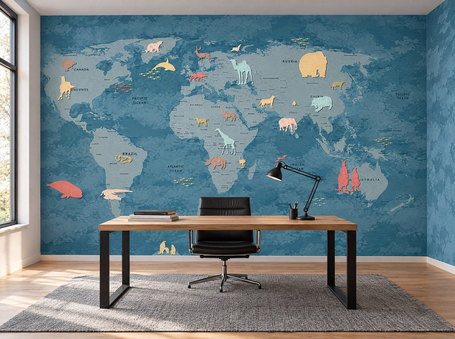 Papier peint carte du monde bleu jean posé dans un bureau