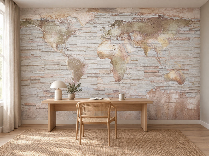 Papier peint carte du monde bois flotté posé dans un bureau