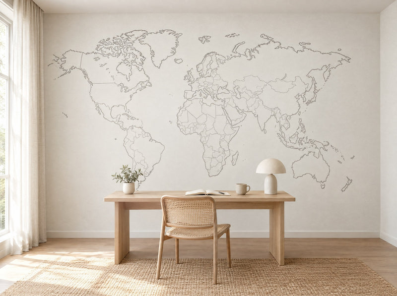 Papier peint carte du monde contours posé dans un bureau