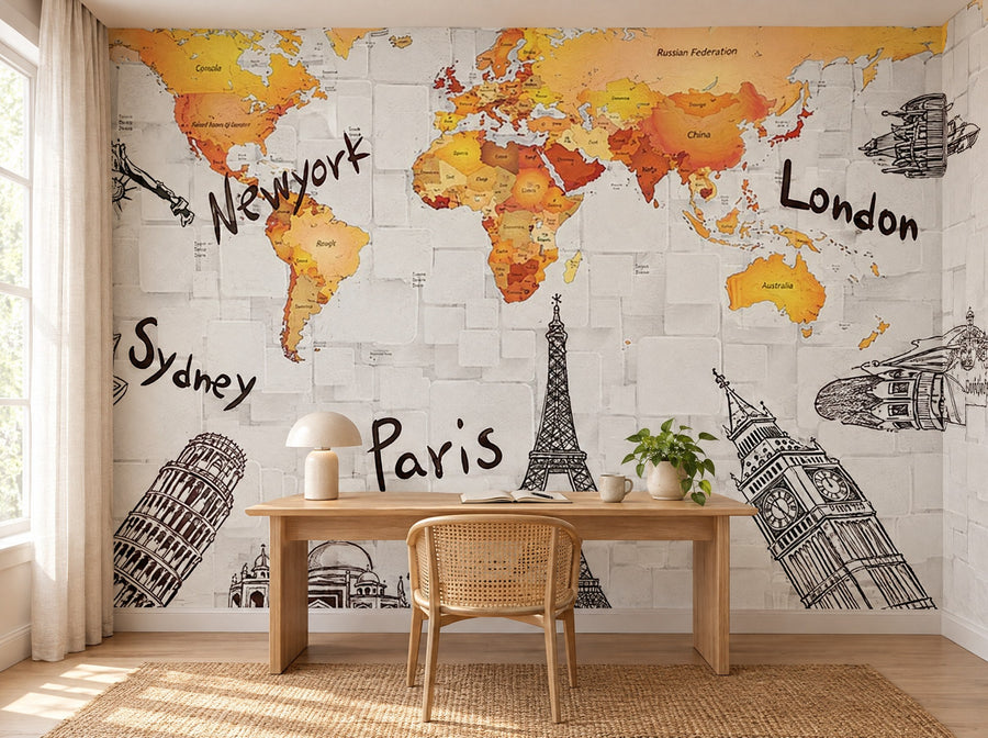 Papier peint carte du monde des capitales posé dans un bureau