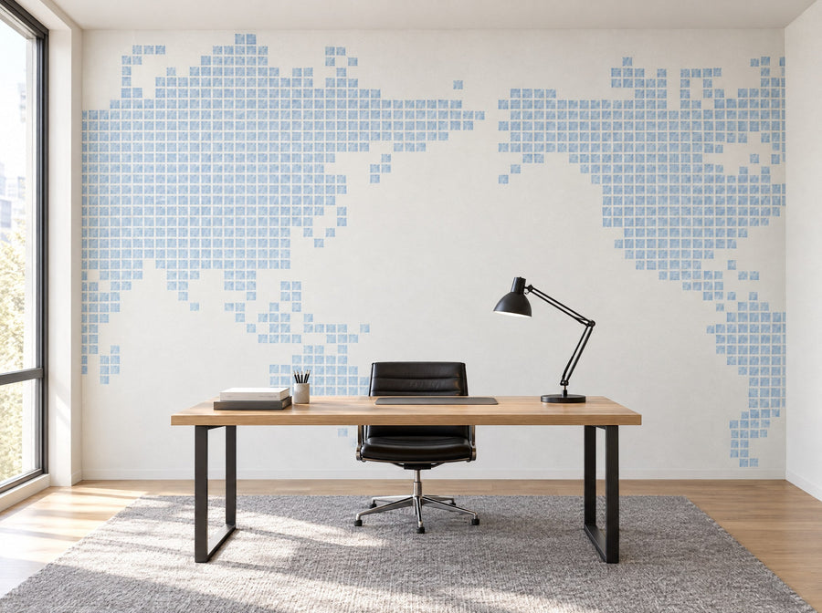 Papier peint carte du monde en pointillés posé dans un bureau