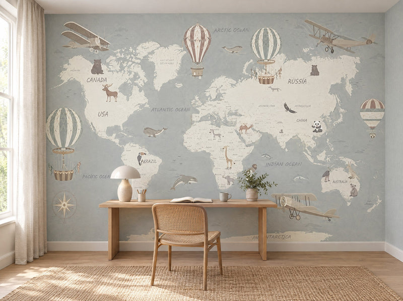 Papier peint carte du monde gris clair posé dans un bureau