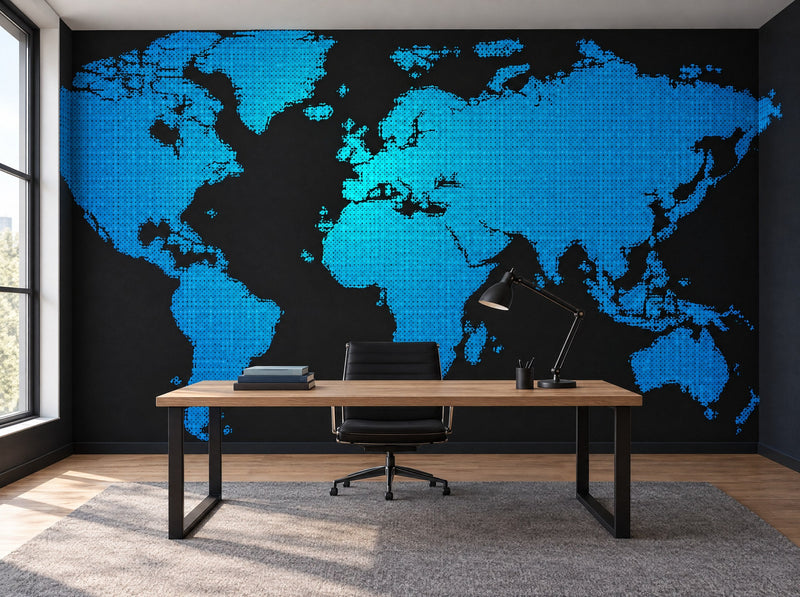 Papier peint carte du monde mosaïque bleue posé dans un bureau