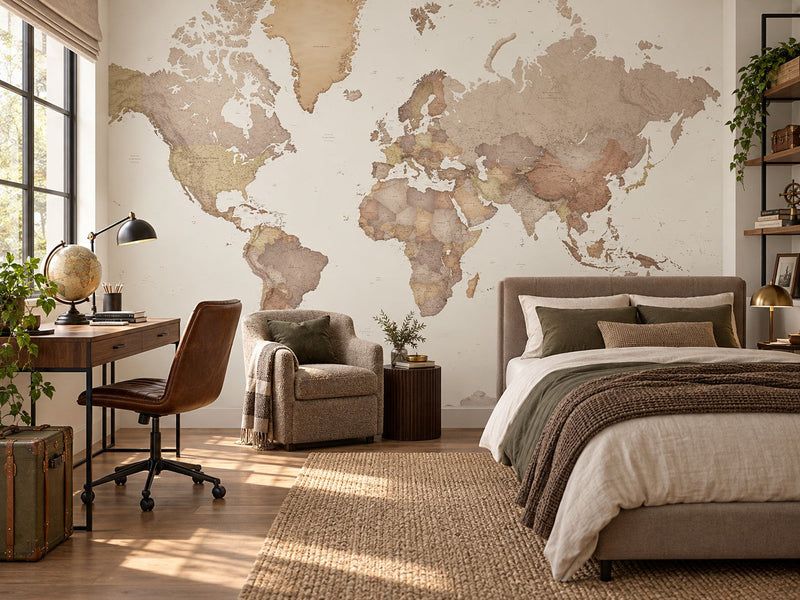 Papier peint carte du monde sépia posé dans une chambre d'ado