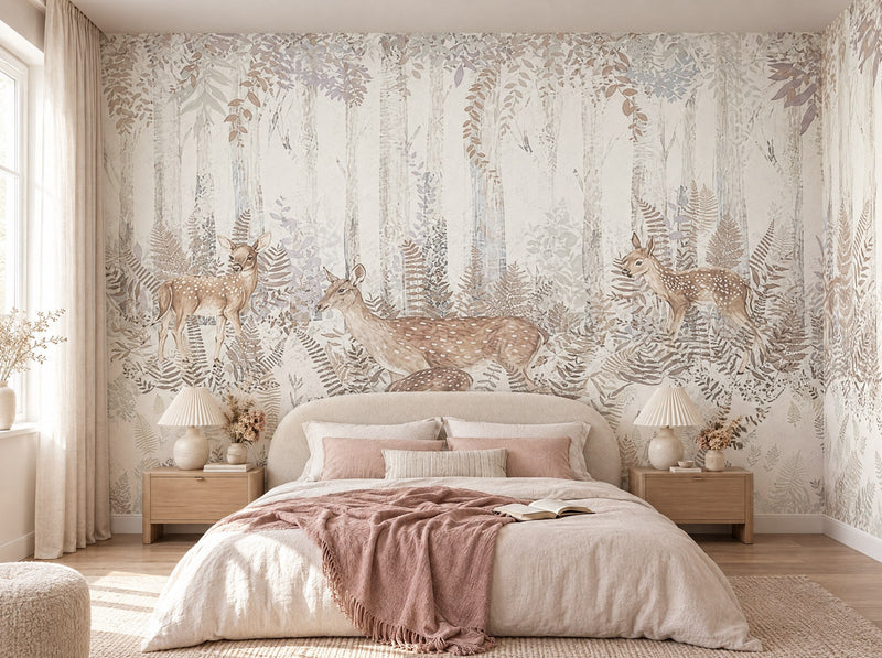 Papier peint cerfs et bouleaux blancs posé dans une chambre
