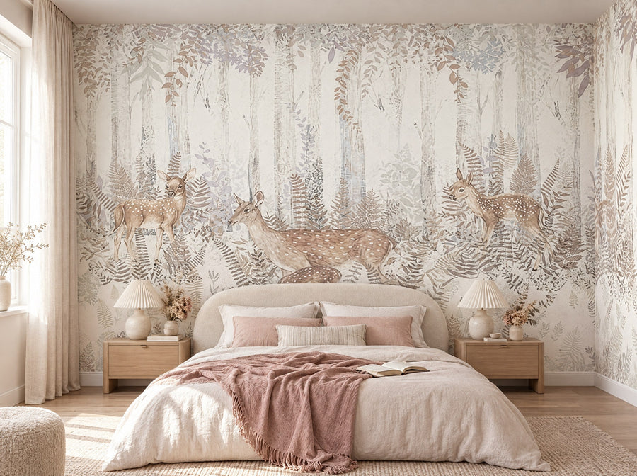 Papier peint cerfs et bouleaux blancs posé dans une chambre