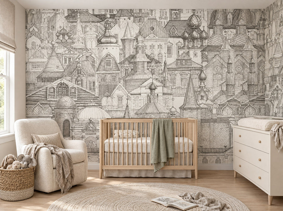 Papier peint château au crayon posé dans une chambre de bébé