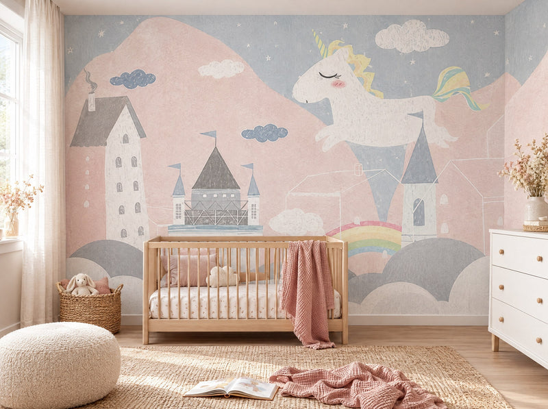 Papier peint château dans les nuages roses posé dans une chambre de bébé