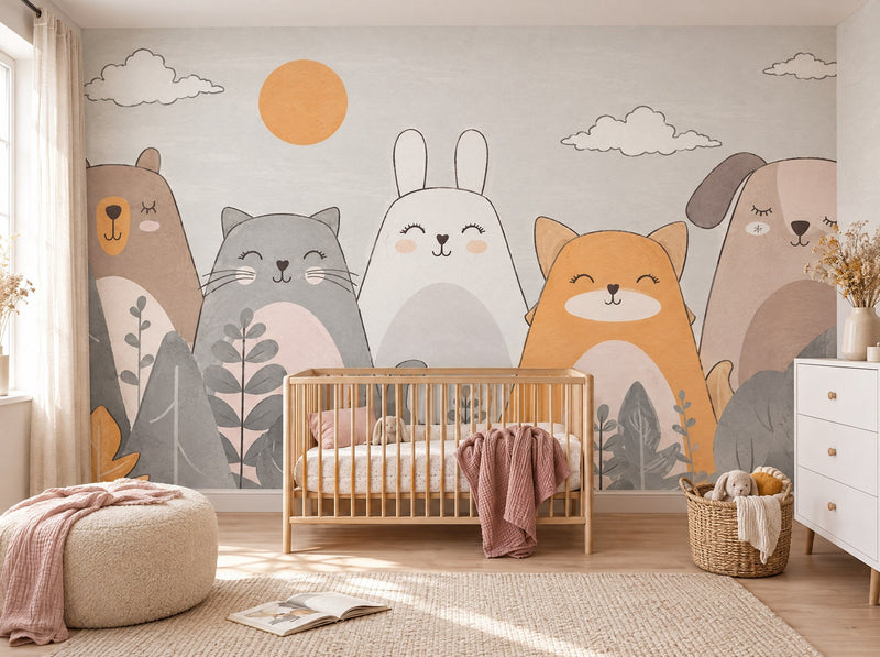 Papier peint chats et lapins posé dans une chambre de bébé