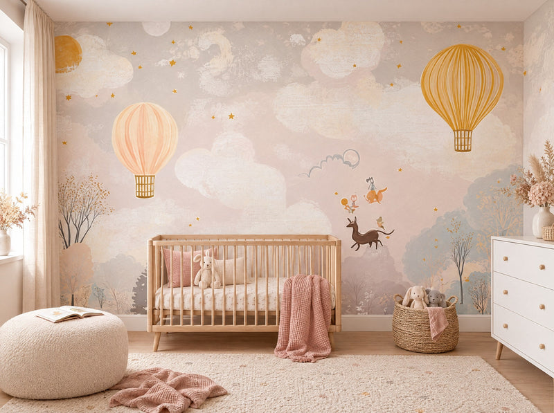 Papier peint ciel de montgolfières dorées posé dans une chambre de bébé