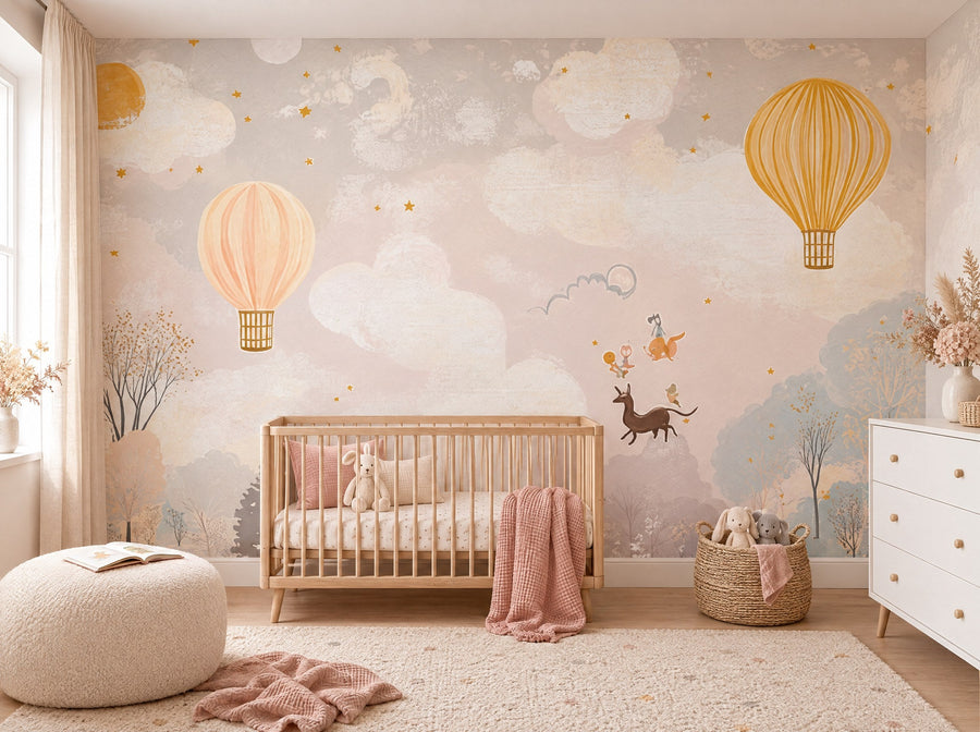 Papier peint ciel de montgolfières dorées posé dans une chambre de bébé