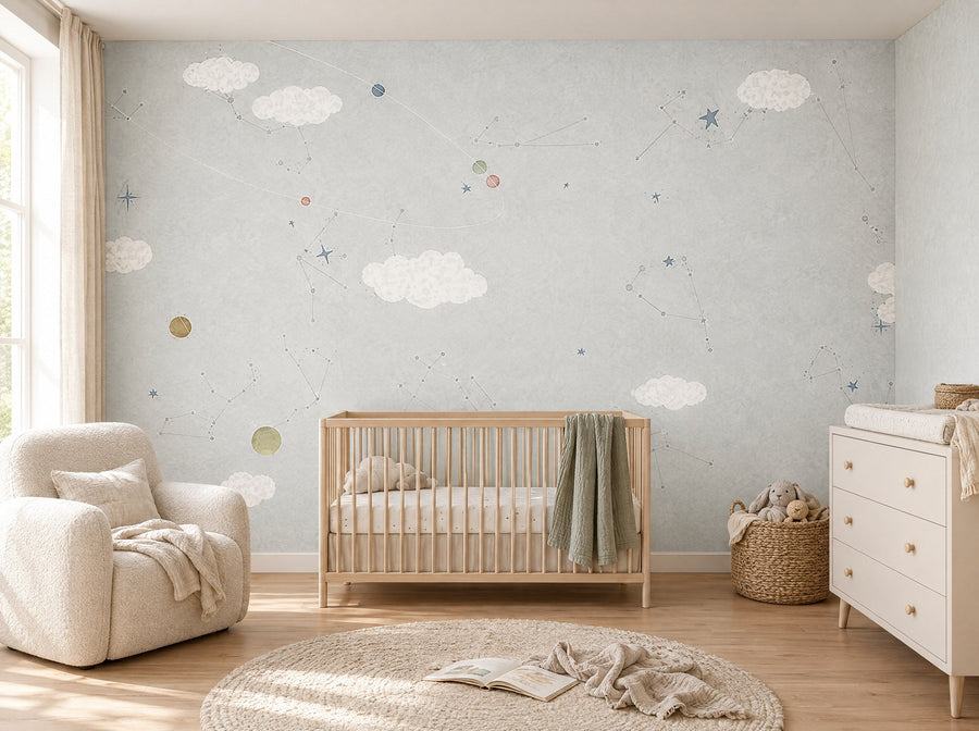 Papier peint ciel perle posé dans une chambre de bébé