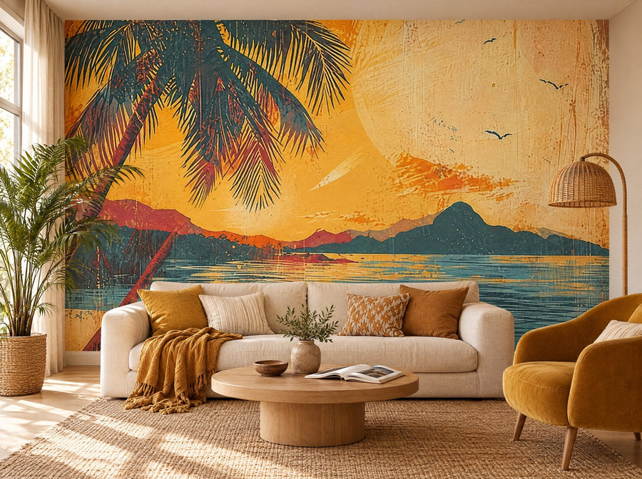 Papier peint coucher de soleil tropical posé dans un salon