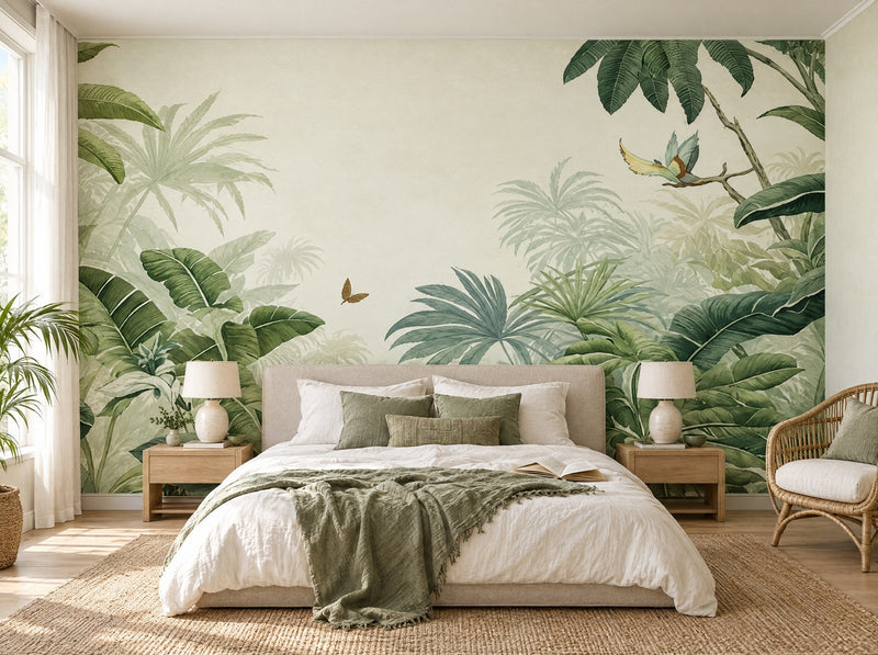 Papier peint crique tropicale posé dans une chambre