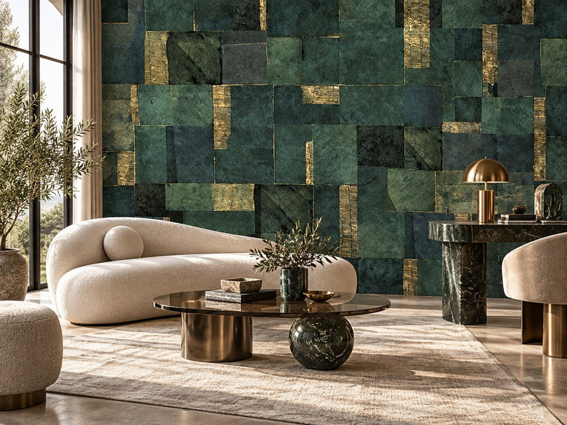 Papier peint damier vert et or posé dans un salon