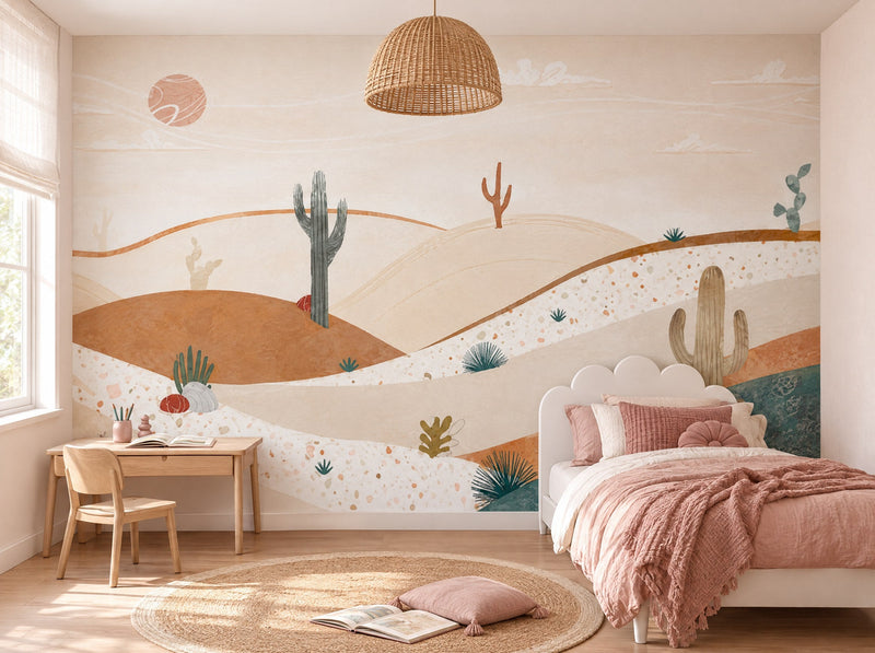 Papier peint désert pastel posé dans une chambre d'enfant