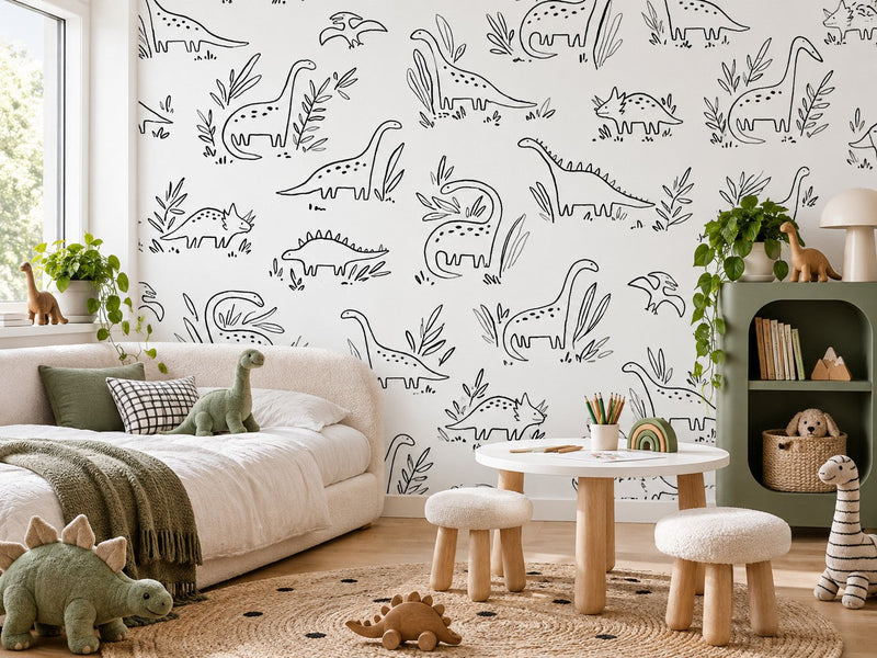 Papier peint dinosaures à colorier posé dans une chambre d'enfant