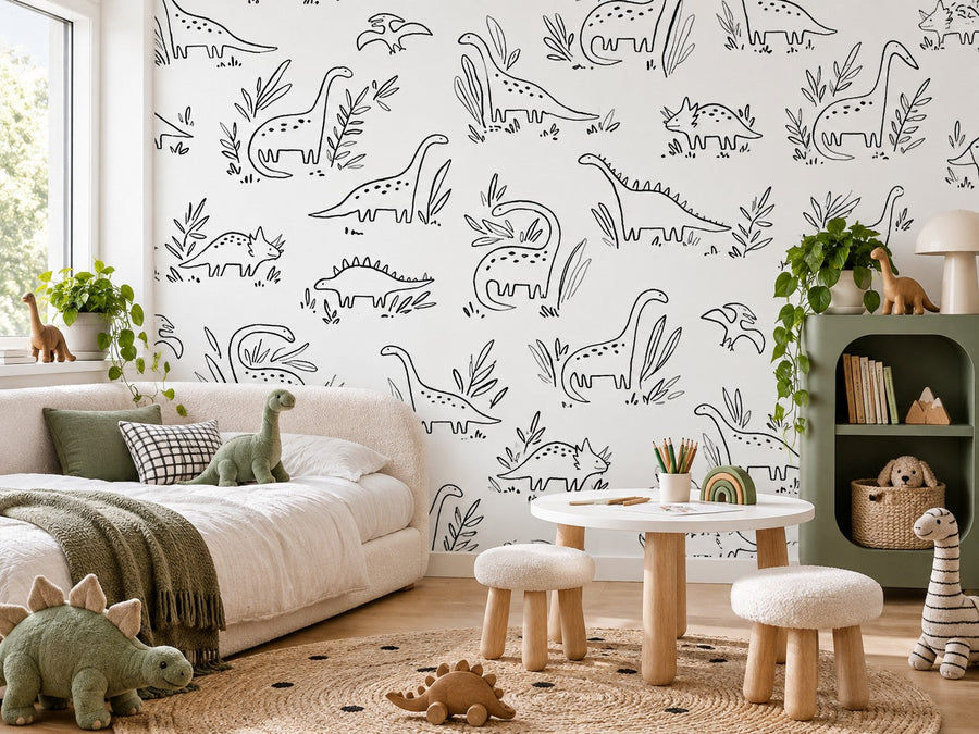 Papier peint dinosaures à colorier posé dans une chambre d'enfant