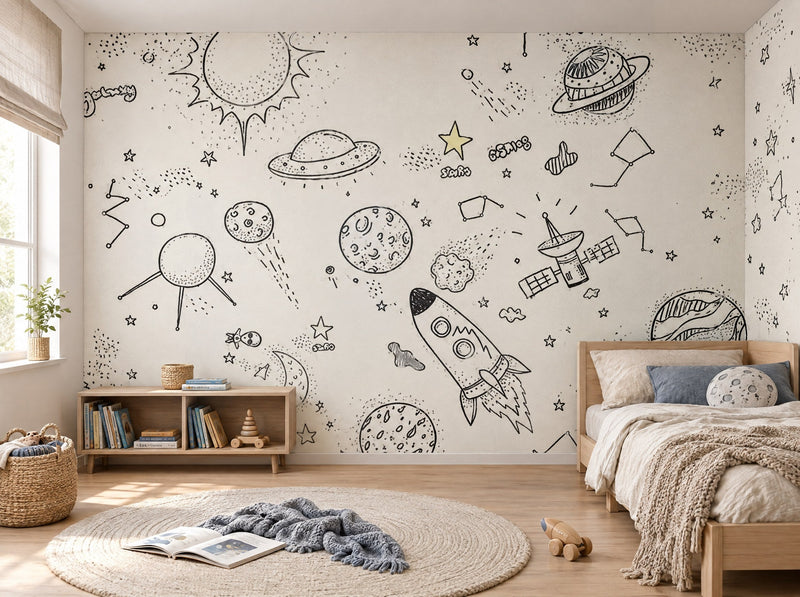 Papier peint doodles de l'espace posé dans une chambre d'enfant