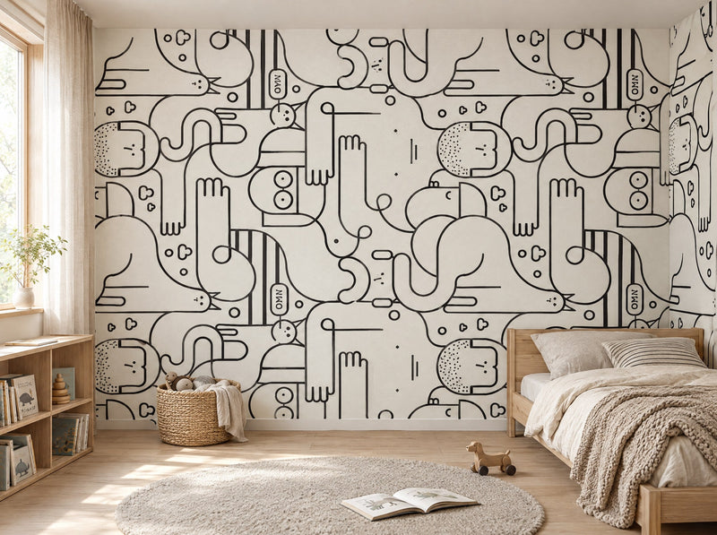Papier peint doodles noir et blanc posé dans une chambre d'enfant