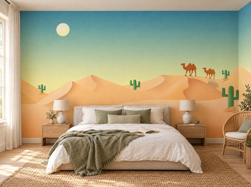 Papier peint dunes pastel posé dans une chambre
