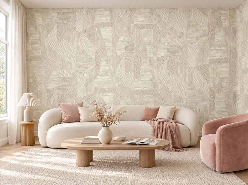 Papier peint écailles beige posé dans un salon