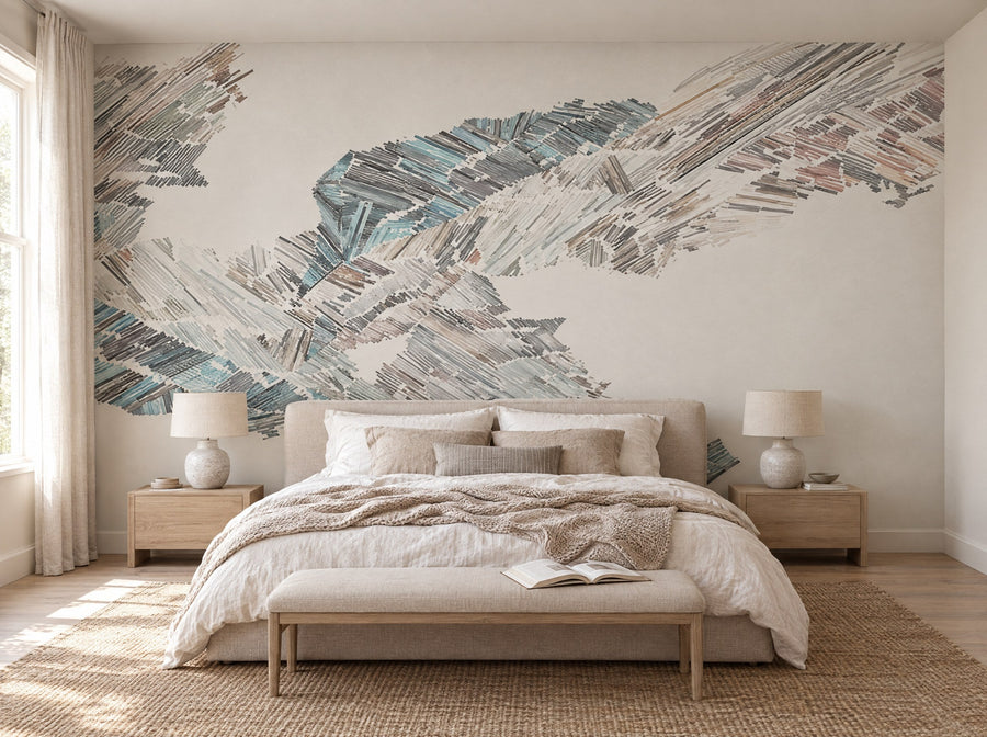 Papier peint éclats d'encre bleue posé dans une chambre