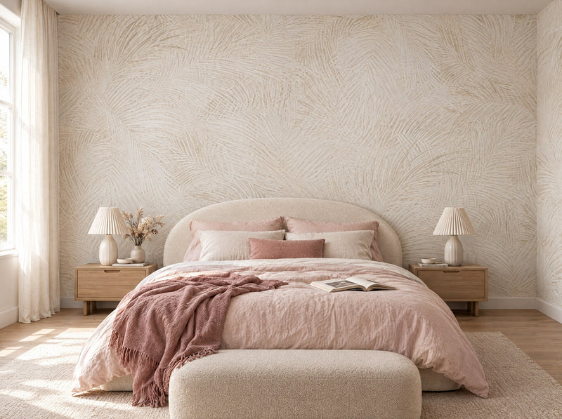 Papier peint feuillage ivoire posé dans une chambre