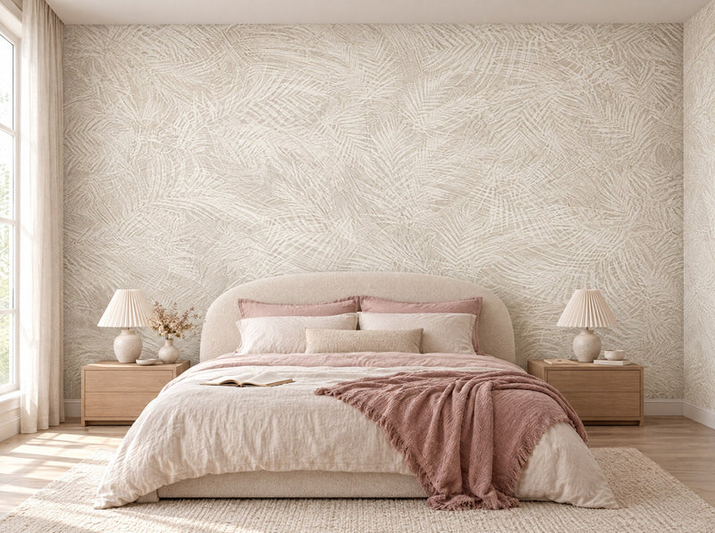 Papier peint feuillage perle posé dans une chambre