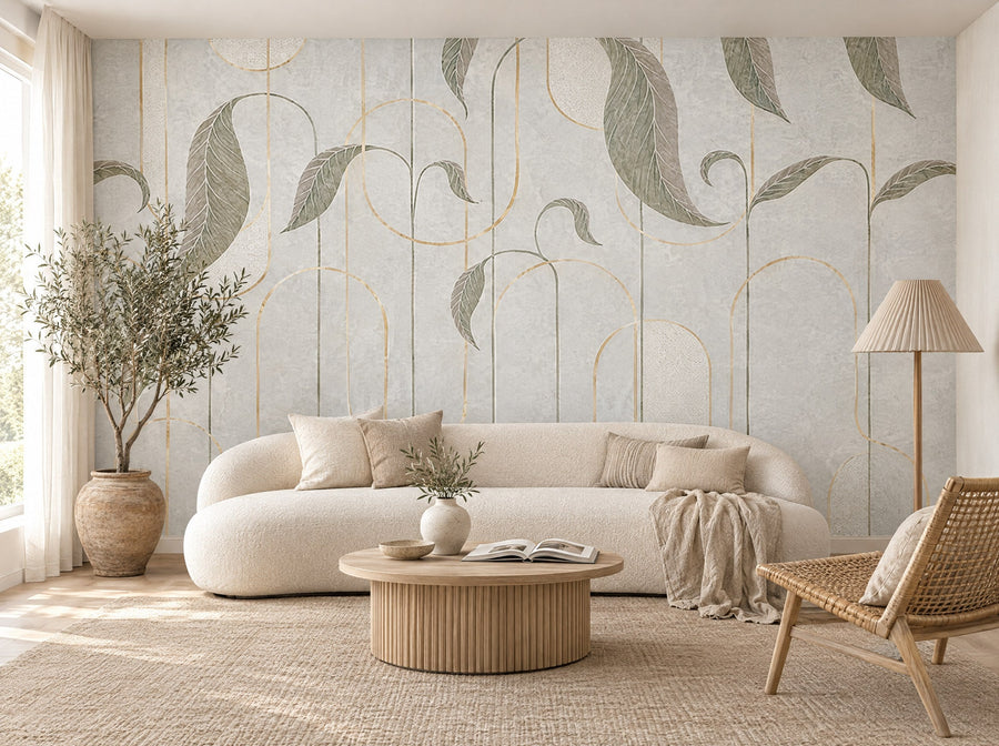 Papier peint feuilles et lignes posé dans un salon