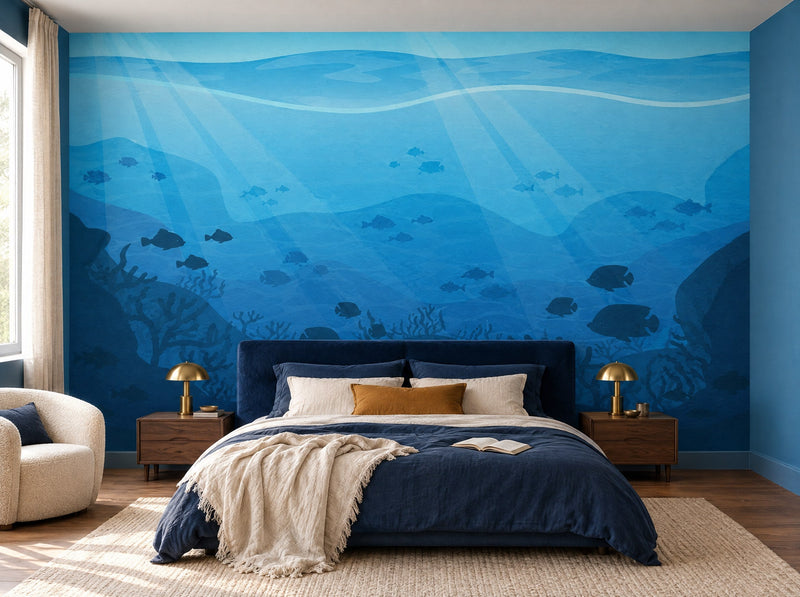 Papier peint fonds marins posé dans une chambre