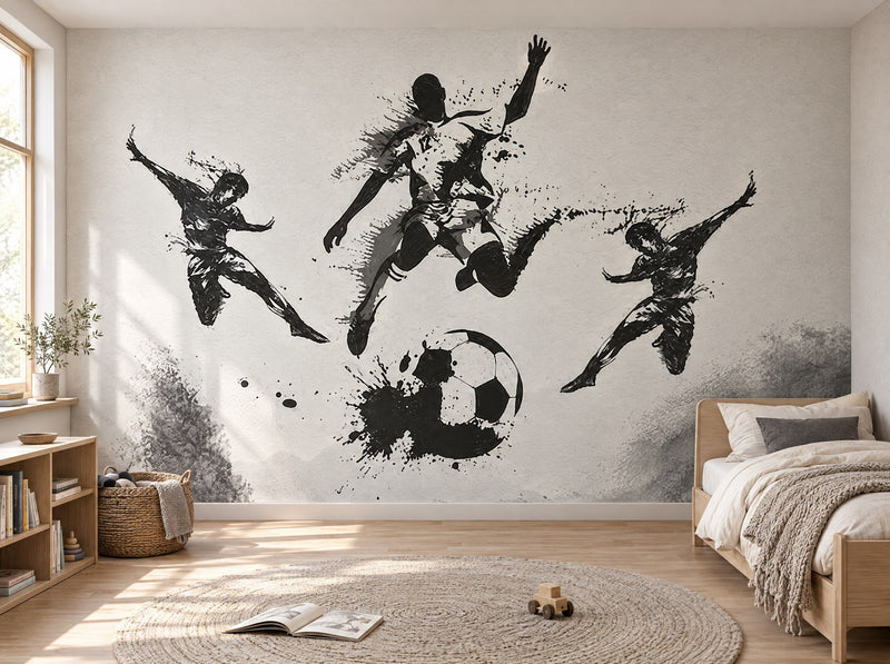 Papier peint footballeurs noir et blanc posé dans une chambre d'enfant