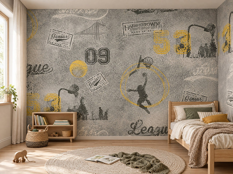 Papier peint footballeurs urbains posé dans une chambre d'enfant