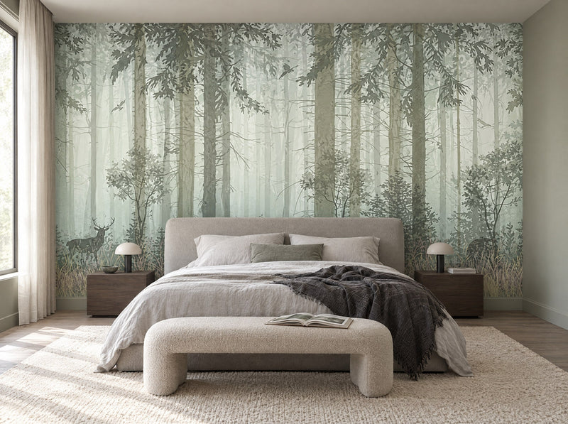 Papier peint forêt brumeuse posé dans une chambre