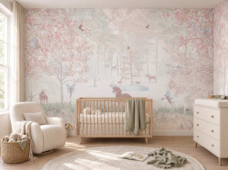 Papier peint forêt enchantée rose posé dans une chambre de bébé
