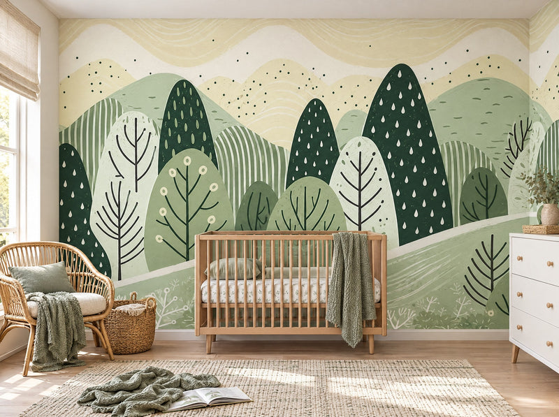 Papier peint forêt graphique posé dans une chambre de bébé