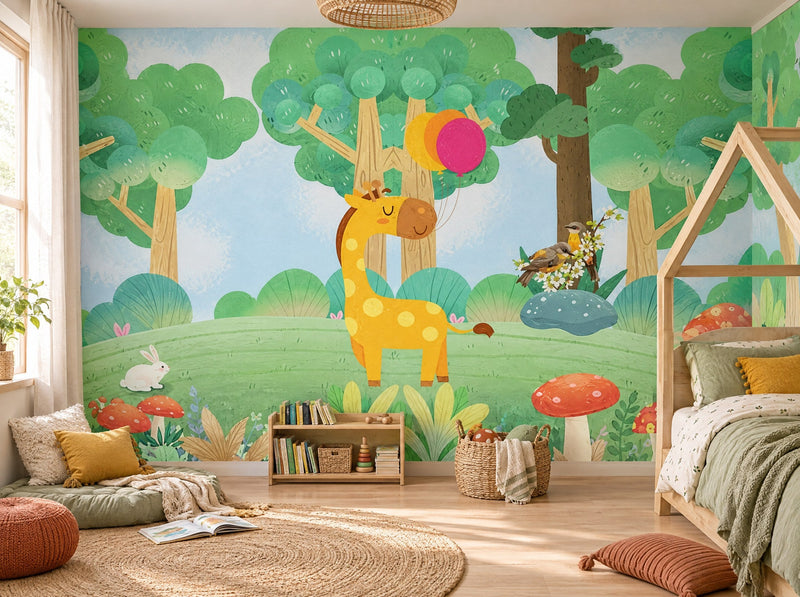 Papier peint forêt joyeuse des animaux posé dans une chambre d'enfant