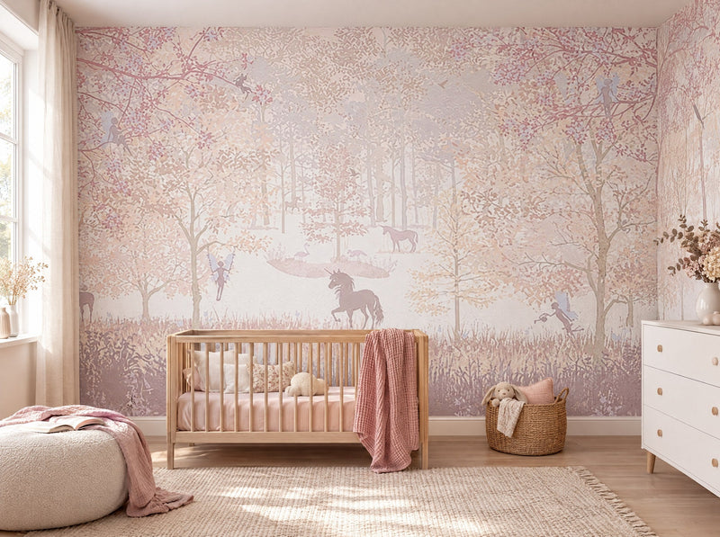 Papier peint forêt rose posé dans une chambre de bébé