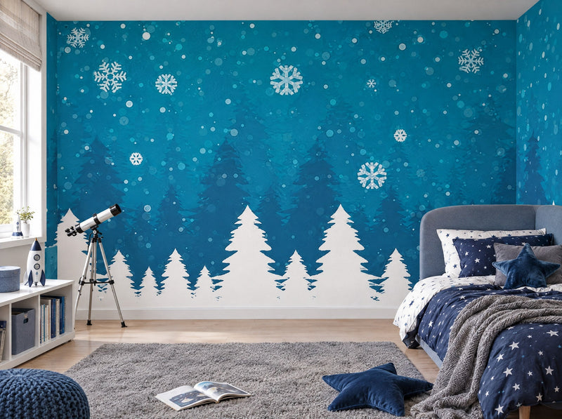 Papier peint forêt sous la neige posé dans une chambre d'enfant