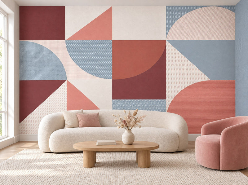 Papier peint formes rose et bordeaux posé dans un salon