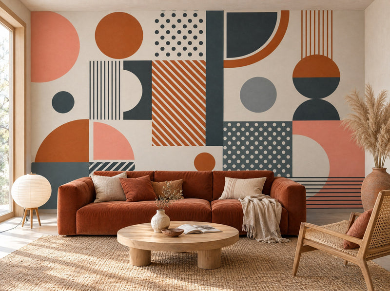 Papier peint formes terracotta posé dans un salon