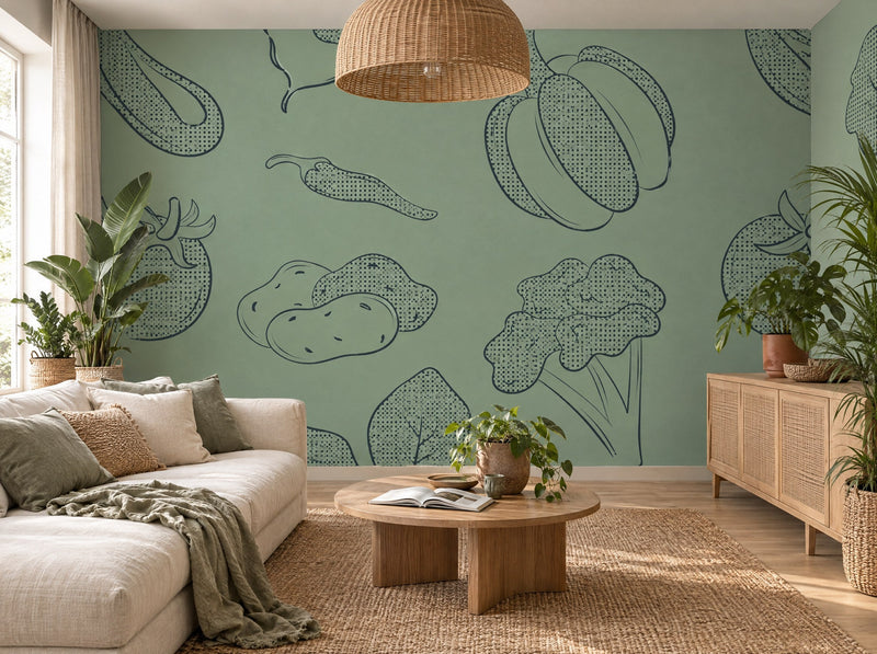 Papier peint fruits sur fond vert posé dans un salon